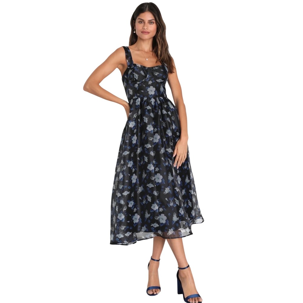 Lulus Delightful Look Black Floral Print Bustier Midi Skater Dress Women XS NWT